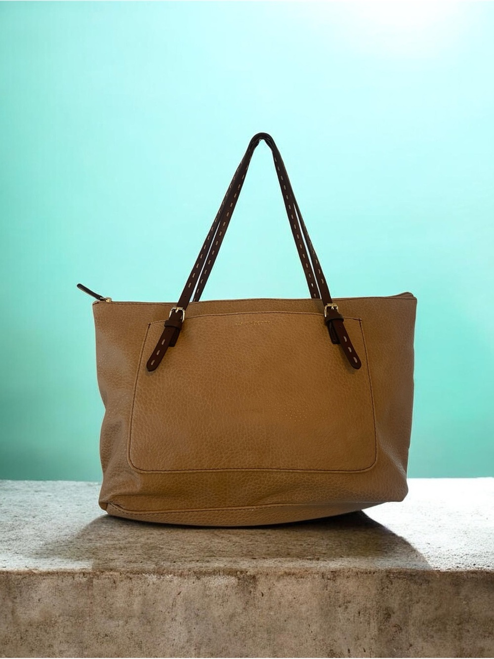 Classic Tan Leather Tote Bag with Dark Brown by Liz Claiborne